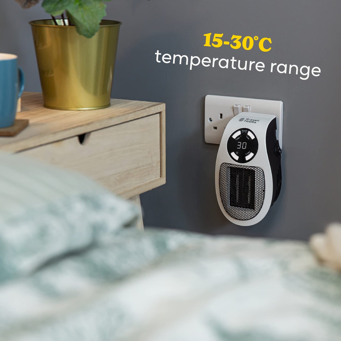 Russell Hobbs RHPH2001 500W Ceramic Plug Heater, Adjustable thermostat, 12 Hour Timer & LED Display, 2 Fan Speeds, 2 Year Guarantee, White