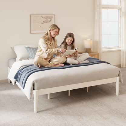 IOTXY Queen Platform Bed Frame - Solid Wood 16-Inch Height Mattress Foundation Base with Densely Slats and Heavy-Duty Support Legs, No Box Spring Needed, White