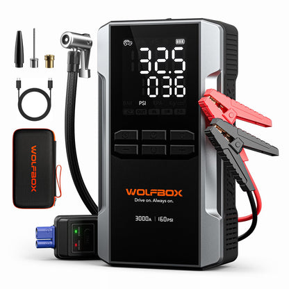 WOLFBOX 3000A Jump Starter with Air Compressor, 59.2Wh&160PSI Portable Car Battery Jump Starter with 65W Fast Charging, 12V Battery Pack (8L Gas 6L Diesel Engine) with Boost, Light and Jumper Cables