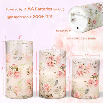 GORGE MOMENT Rose Flameless Candles Love Theme Battery Operated Glass Flickering LED Candle with Remote Pink Flower Decal Realistic Pillar Candles Bedroom Home Decor Table Ornament