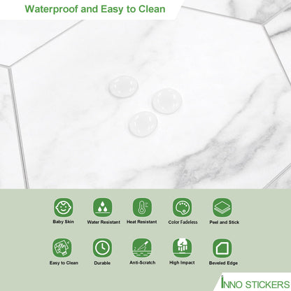 INNO STICKERS 45-Sheet Hexagon Peel and Stick Backsplash, 6" x 7" White Calacatta Marble Looks Self Adhesive Wall Tile, Stone Composite Stick on Decorative Mosaic Tile for Kitchen Bathroom Fireplace