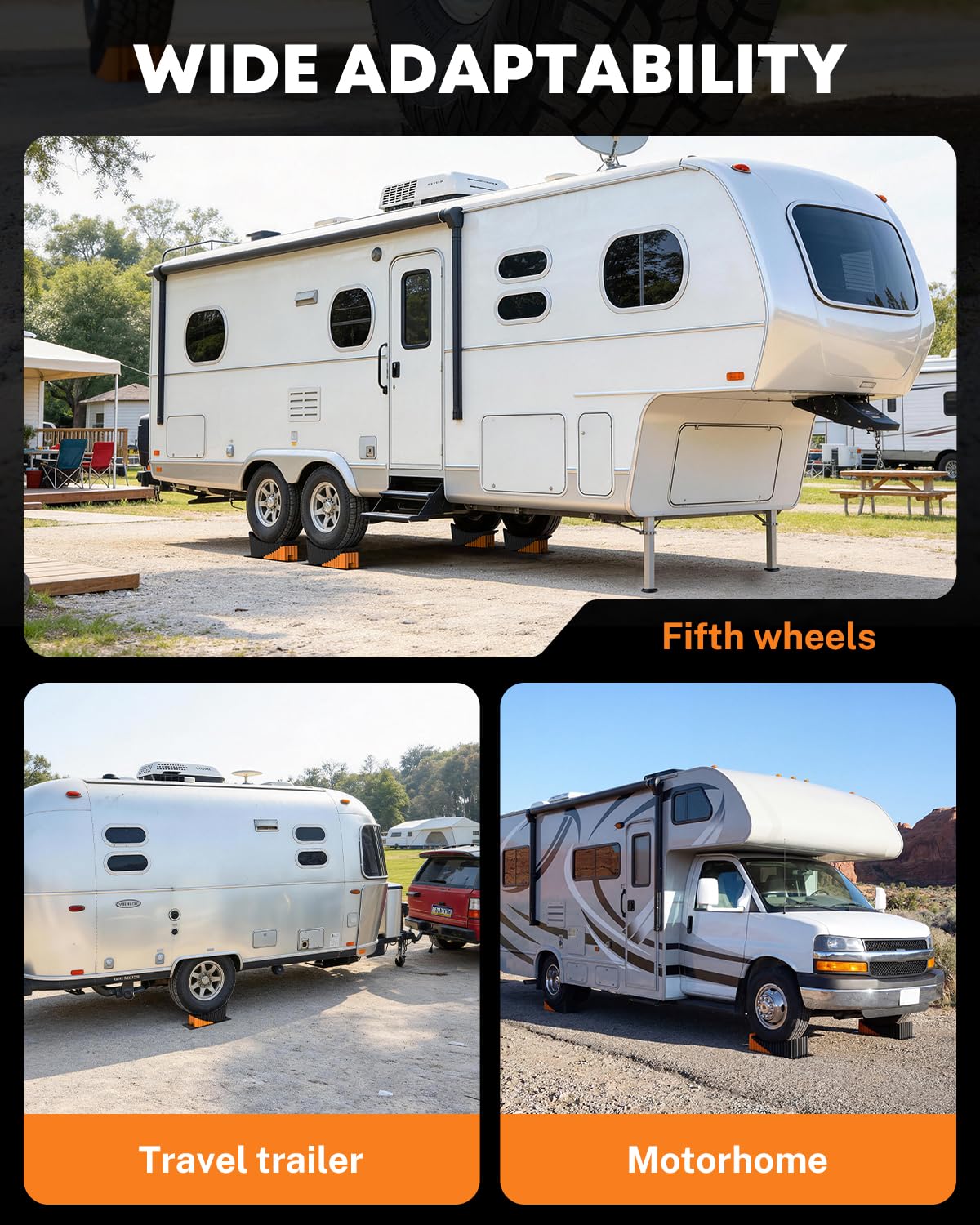 Kohree RV Leveling Blocks, Levels Up to 5", Supports Up to 50,000 lbs, Curved Camper Levelers with Wheel Chocks, Rubber Mats & Carry Bag for Travel Trailers & Fifth Wheels, Orange