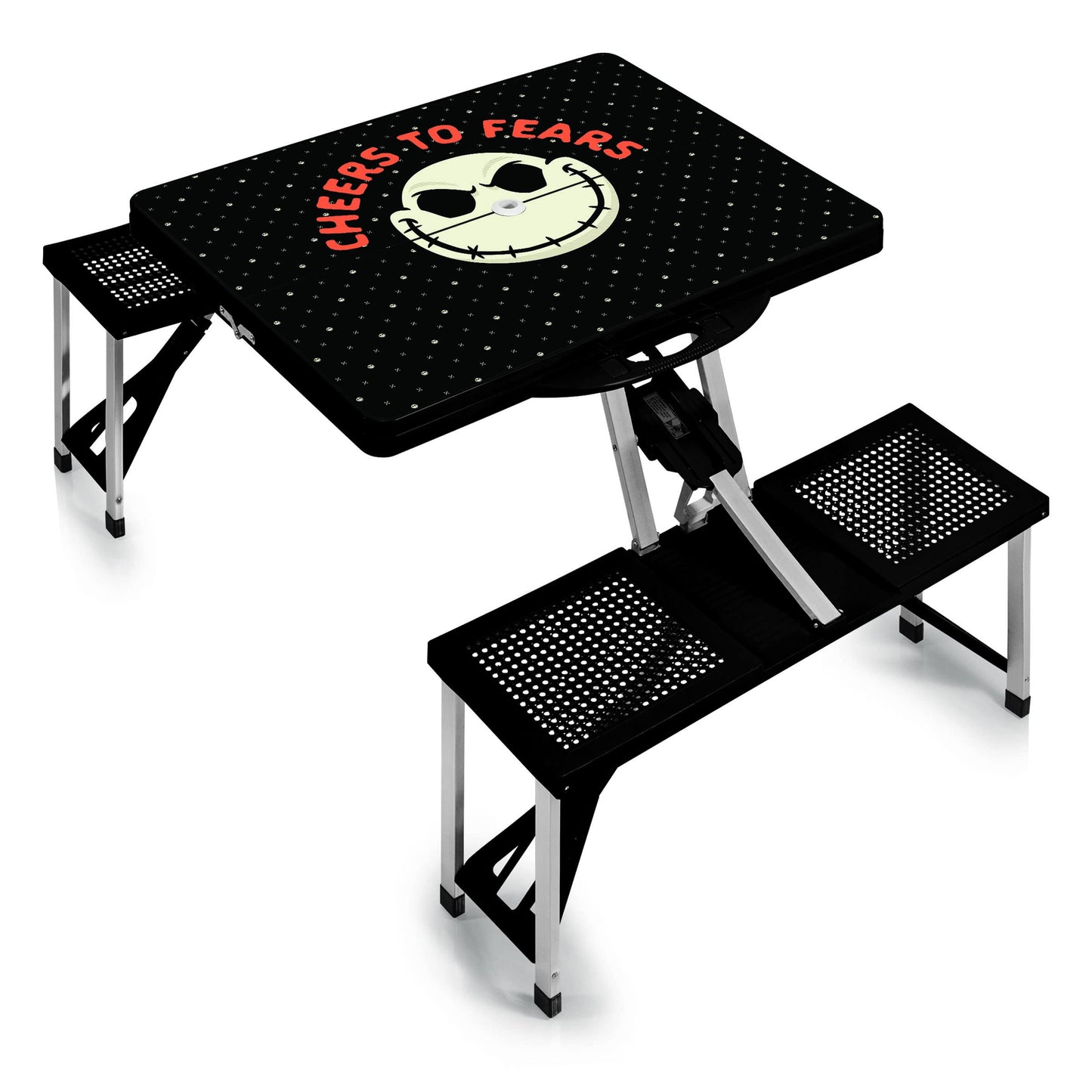 Picnic TIME Disney Nightmare Before Christmas Jack Folding Picnic Table with Seats, Collapsible Aluminum Table, Bench Set w/Umbrella Hole, Lightweight Portable Table for Camping, Travel, Tailgating