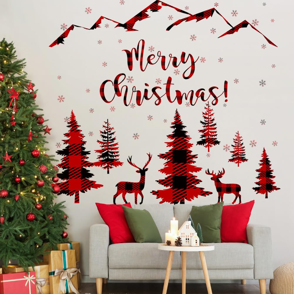 Prabahdak 3 Sheets Black Pine Tree Deer Wall Sticker Removable Snowflake Merry Christmas Wall Decal Winter Mountain Woodland Nursery Wall Stickers for Xmas Party Supplies