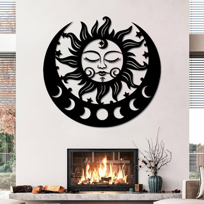 Sun and Moon Metal Wall Decor, Moon Phase Metal Wall Decor, Boho Celestial Wall Art, Celestial Sun Moon Wall Art, Large Sun Face Wall Hanging for Living Room, Outdoor (Black, 38"x35"/96x90cm)