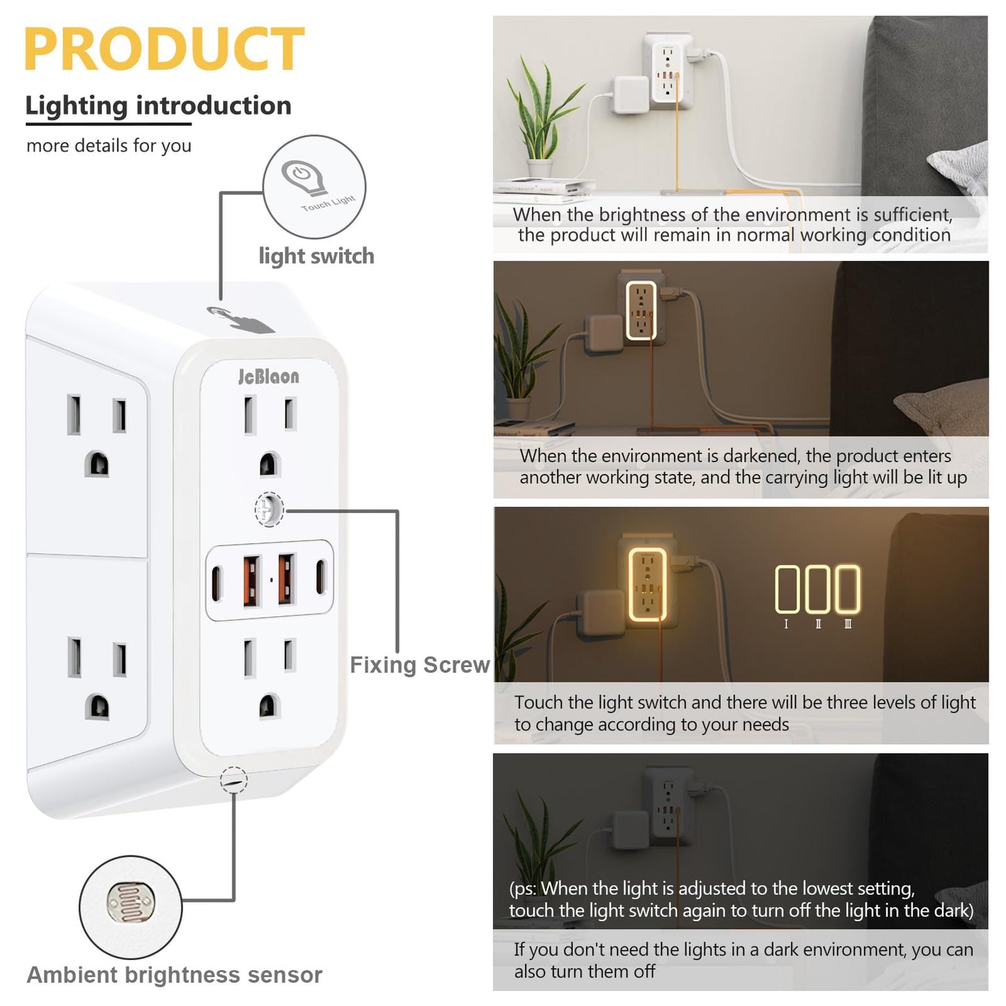 Wall Outlet Extender with Night Light, Power Plug Adapter 6 Outlet Extender with 4 USB Charging Ports 1050J Power Strip Multi Plug Adapter Spaced for Home Travel Office (2U2C)