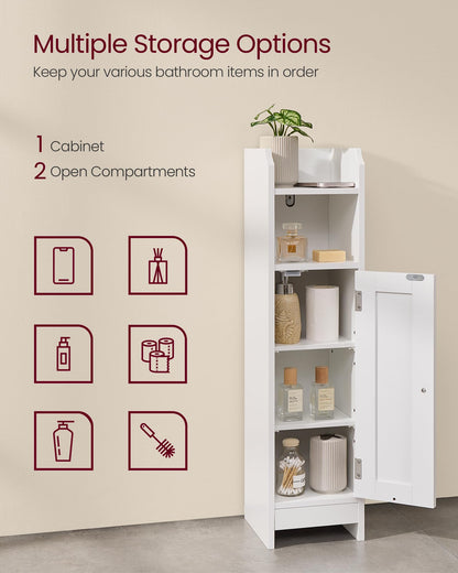 VASAGLE Slim Bathroom Floor Storage Cabinet with Door and Shelves, Freestanding Bathroom Storage Unit, Narrow Bathroom Toilet Paper Storage Cabinet, Adjustable Shelves, White BBC310W01