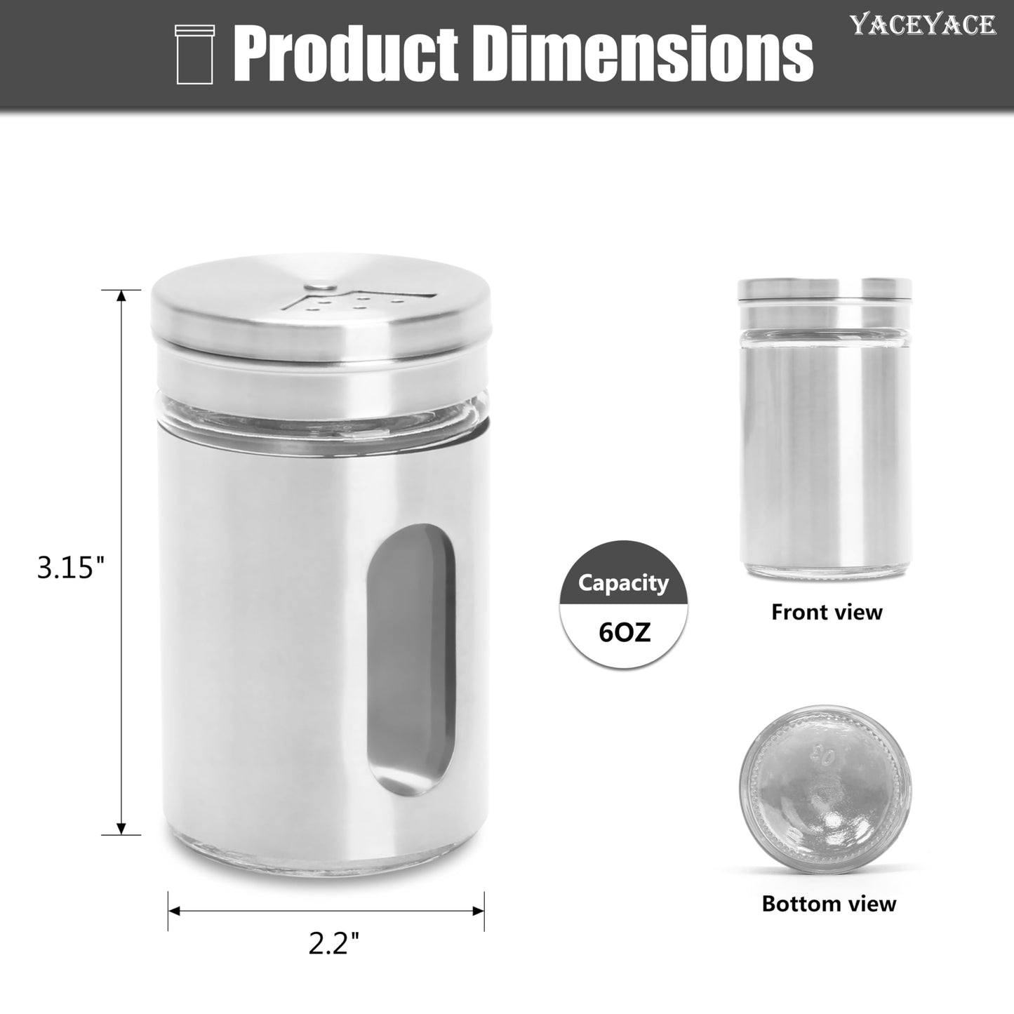 YACEYACE Stainless Spice and Salt Shakers, 6Pcs 3oz Part Clea Salt and Pepper Shakers with Holes and Adjustable Lids, Spice Jars with Label
