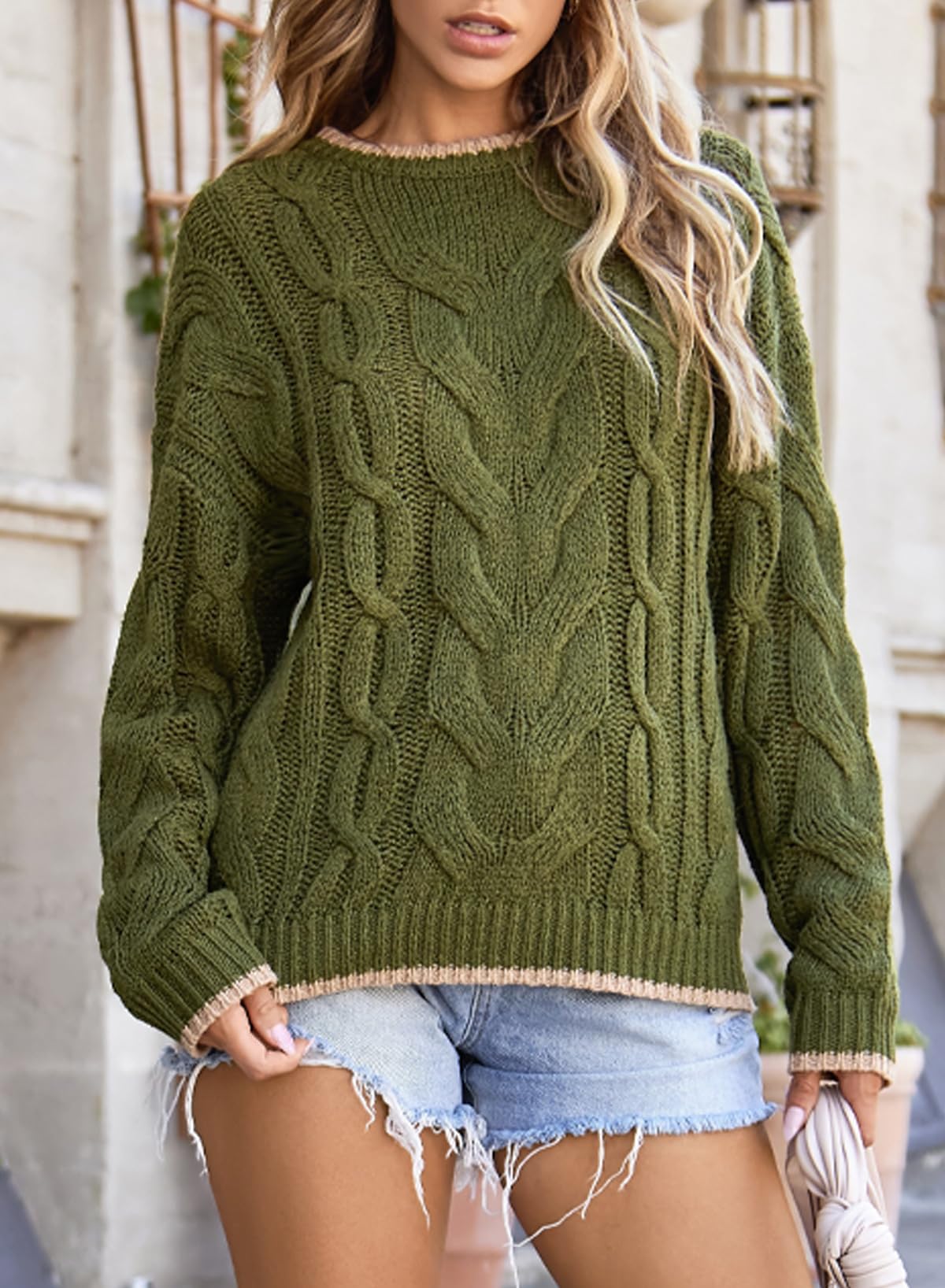 EVALESS Sweaters for Women Trendy Crewneck Long Sleeve Color Block Sweater Tops Fall 2025 Chunky Cable Knit Pullover Sweaters