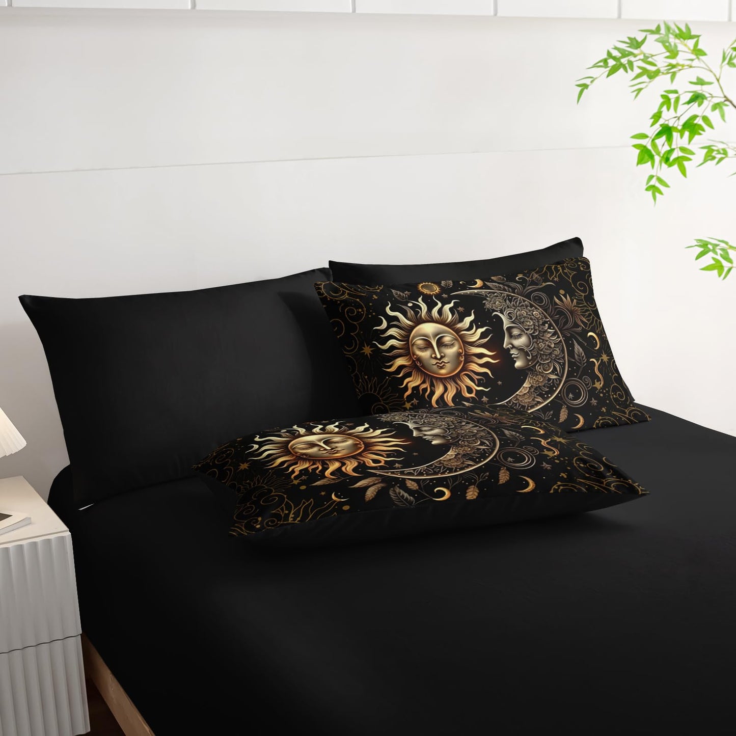 AILONEN Sun and Moon Comforter Set Queen - 7Pcs Soft Black Gold Boho Bed in a Bag -Including Comforter,Fitted Sheet,Flat Sheet,2 Pillowcases,2 Pillow Shams for Room