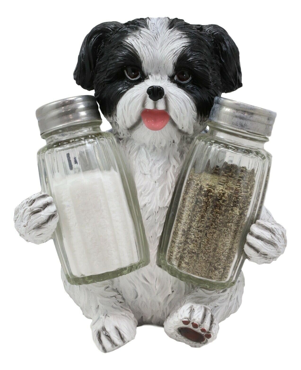 Ebros Gift Realistic Adorable Hugging Pooch Shih Tzu Mini Toy Breed Dog Decorative Glass Salt Pepper Shakers Holder Resin Figurine 6"Tall Animal Pet Pal Kitchen Helper Spice Organizer Accent Statue