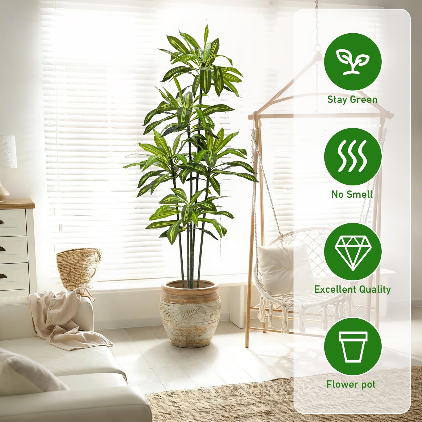 Giegxin 2 Pack 6 FT Artificial Dracaena Tree, Indoor Fake Tree with Black Stable Planter, Natural Wood Trunk & Lifelike Leaves Dracaena Plants for Home Living Room Porch Office Housewarming Gift