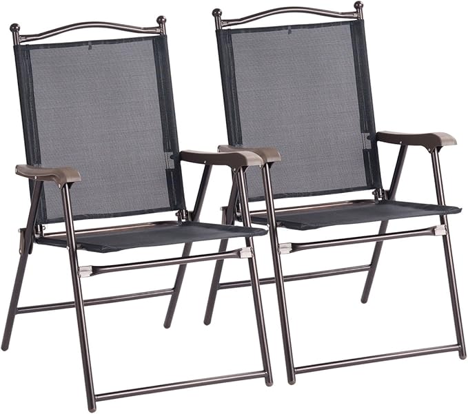 Giantex Set of 2 Patio Folding Chairs, Outdoor Patio Dining Chairs w/Armrest, Sling Back, Metal Frame, Outside Use for Lawn Camping Garden Pool Beach Yard Lounge, No Assembly, Black
