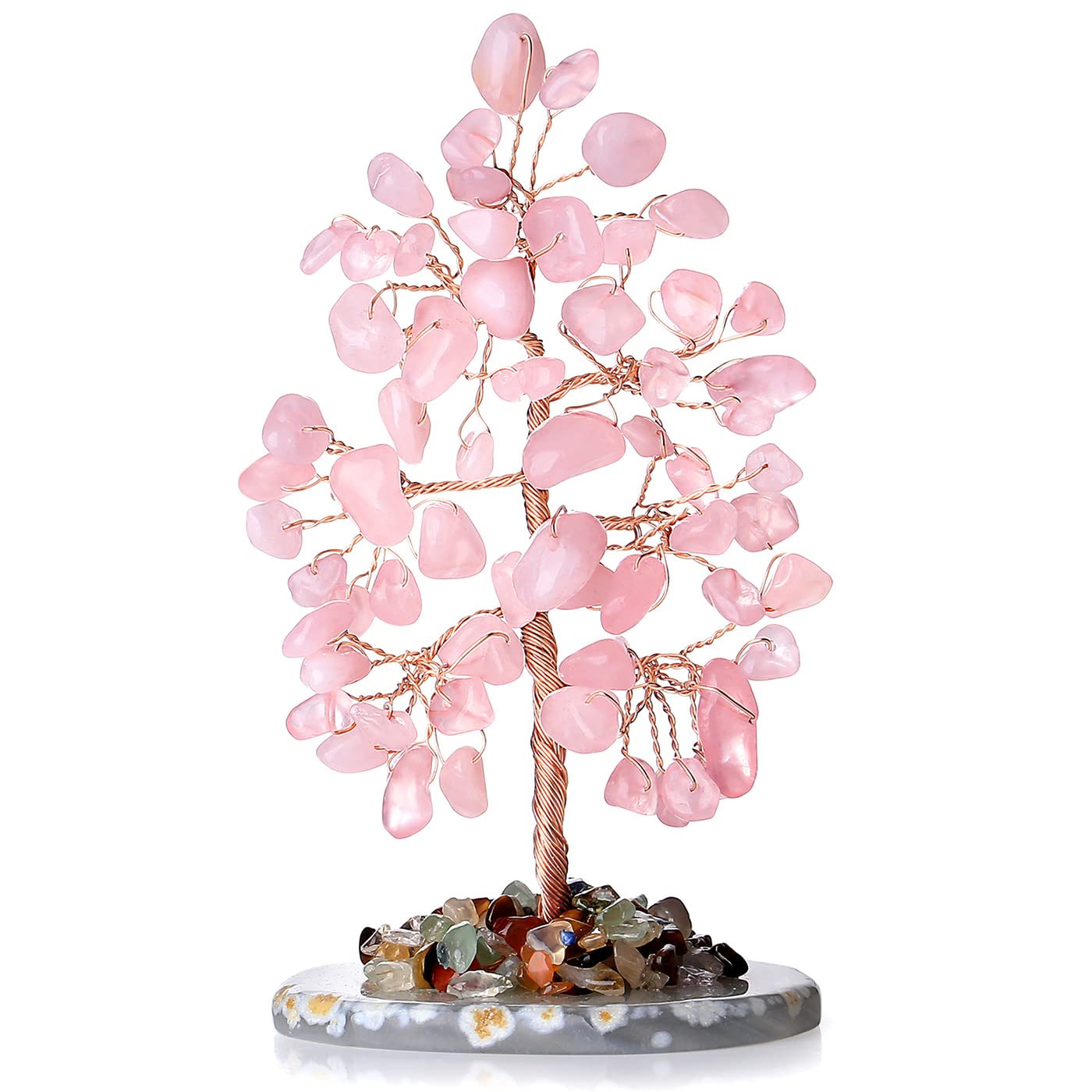 2" Rose Quartz Elephant Decor and Crystal Tree of Life Healing Crystal Cute Polished Natural Stone Hand-Carved Statue Figurines Energy Hippie Home Room Office Desk Decoration Gifts for Women Men