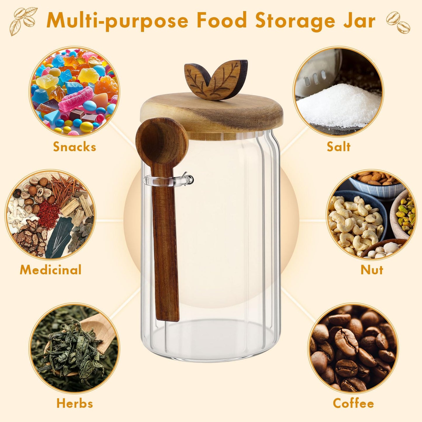 Suclain 3 Sets Glass Coffee Sugar Tea Canister 27 oz Airtight Food Storage Jar with Wooden Lid Spoon Shelf Labels Clear Glass Container for Sugar Coffee Bean Holder Salt Tea Housewarming Gift