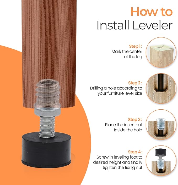 NEWBYTEK 1/4-20 Rubber Adjustable Furniture Leveler，8 Pack Leveling Feet Screws