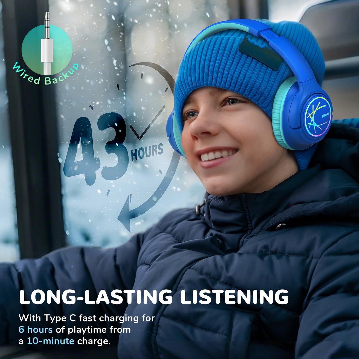 iClever Kids Wireless Headphones with LED Lights, BTH18 Safe Volume 74/85dBA, 43H Playtime, Stereo Sound, Type-C, AUX Cable, Bluetooth5.3 Over Ear Kids bluetooth Headphones for Tablet/Travel
