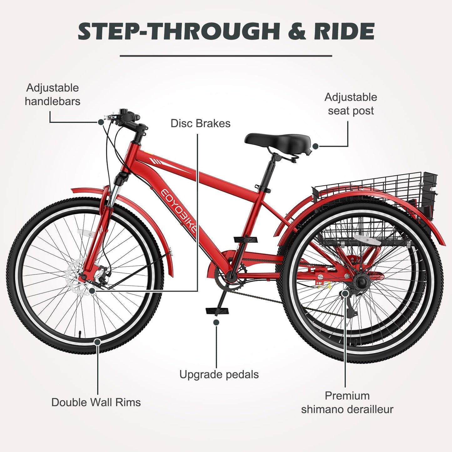 H&ZT Adult Tricycle, 3 Wheeled Bike, Trike Cruiser Bike, with 7-Speed Gear, Parking Brake Handle, Low Step, Large Rear Basket, Elderly Friendly, for Men, Women, and Teens