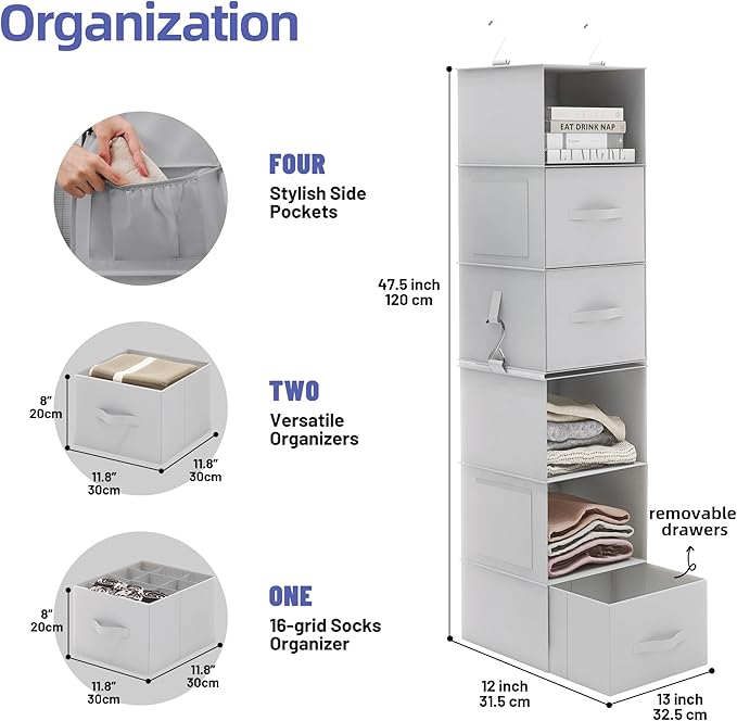 Twira 6-Shelf Hanging Closet Organizer, 2 Separable 3-Shelf Hanging Shelves