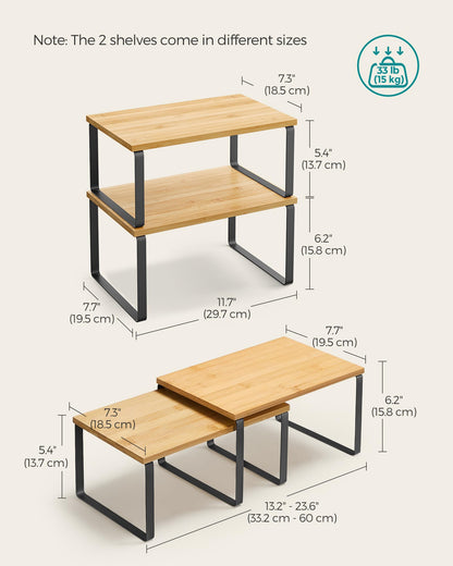 SONGMICS Spice Rack, Set of 2 Cupboard Shelf Organiser, Expandable Kitchen Shelf Organiser, Stackable Spice Holder, Metal and Engineered Wood, Black and Natural KCS02NB