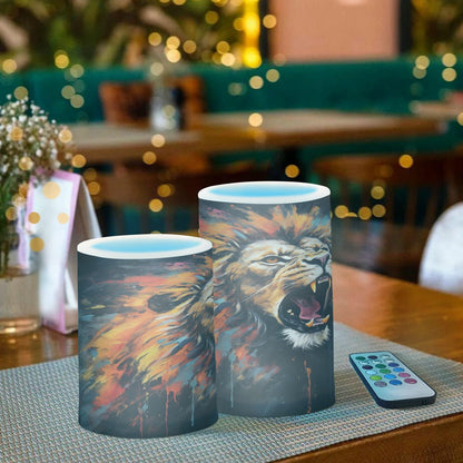 Lights Flameless Candles Painting Roaring Lion Pillar Candles Set of 2 Battery Operated Remote Control Warm Lights Home Decor