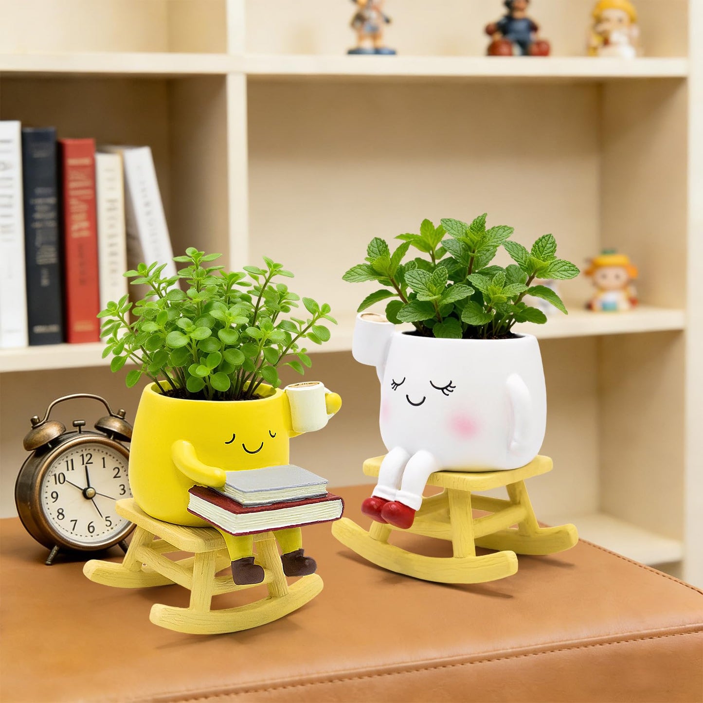 YOUOIVIA Rocking Chair Face Planter, Cute Coffee Plant Pots for Indoor Outdoor, Resin Funny Planter with Drainage, Unique Cactus Succulents Flower Pot, Desk Plant Table Top Decor, Home Gifts (Yellow)