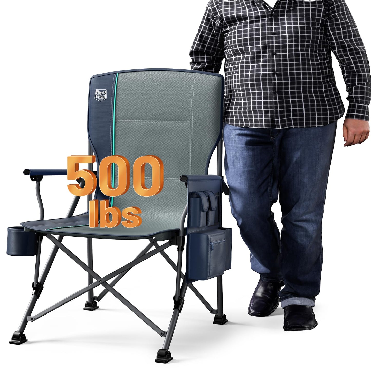 TIMBER RIDGE Oversized Folding Camping Chair High Back Heavy Duty for Adults Support up to 500lbs with Cup Holder, Side Pocket Cooler Bag