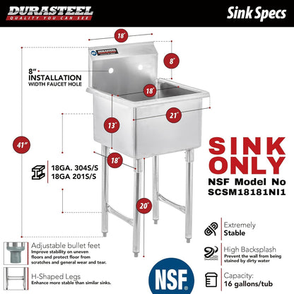 DuraSteel 304 Commercial Stainless Steel Utility Sink - 18 Inch Tub Freestanding Prep Kitchen Sink - NSF Hand Wash Station for Kitchen Sinks, Outdoor, Laundry Room, Garage Slop Small Kitchenette