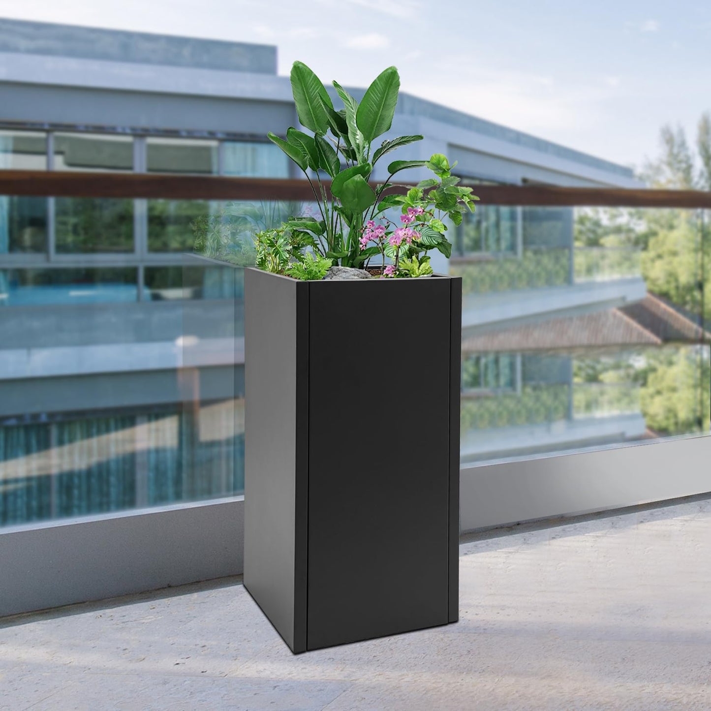 Synaiolma Tall Outdoor/Indoor Planter Box, 30in H Rectangular Large Flowerpot, Tall Metal Planter Box with Drainage Hole for Indoor Outdoor Deck Porch Garden Home Patio Front Door.