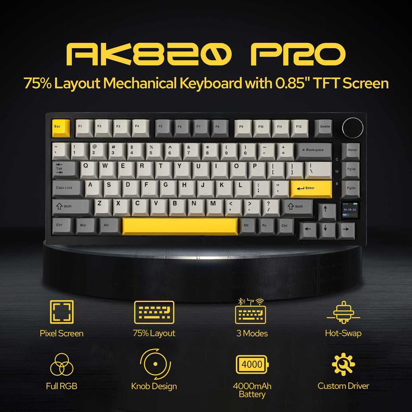 EPOMAKER Ajazz AK820 Pro 75% Wireless Mechanical Keyboard with TFT Smart Display&Knob, Gasket-Mounted Gaming Keyboard, Bluetooth/2.4GHz/USB-C Wired (Purple, Gift Switch)