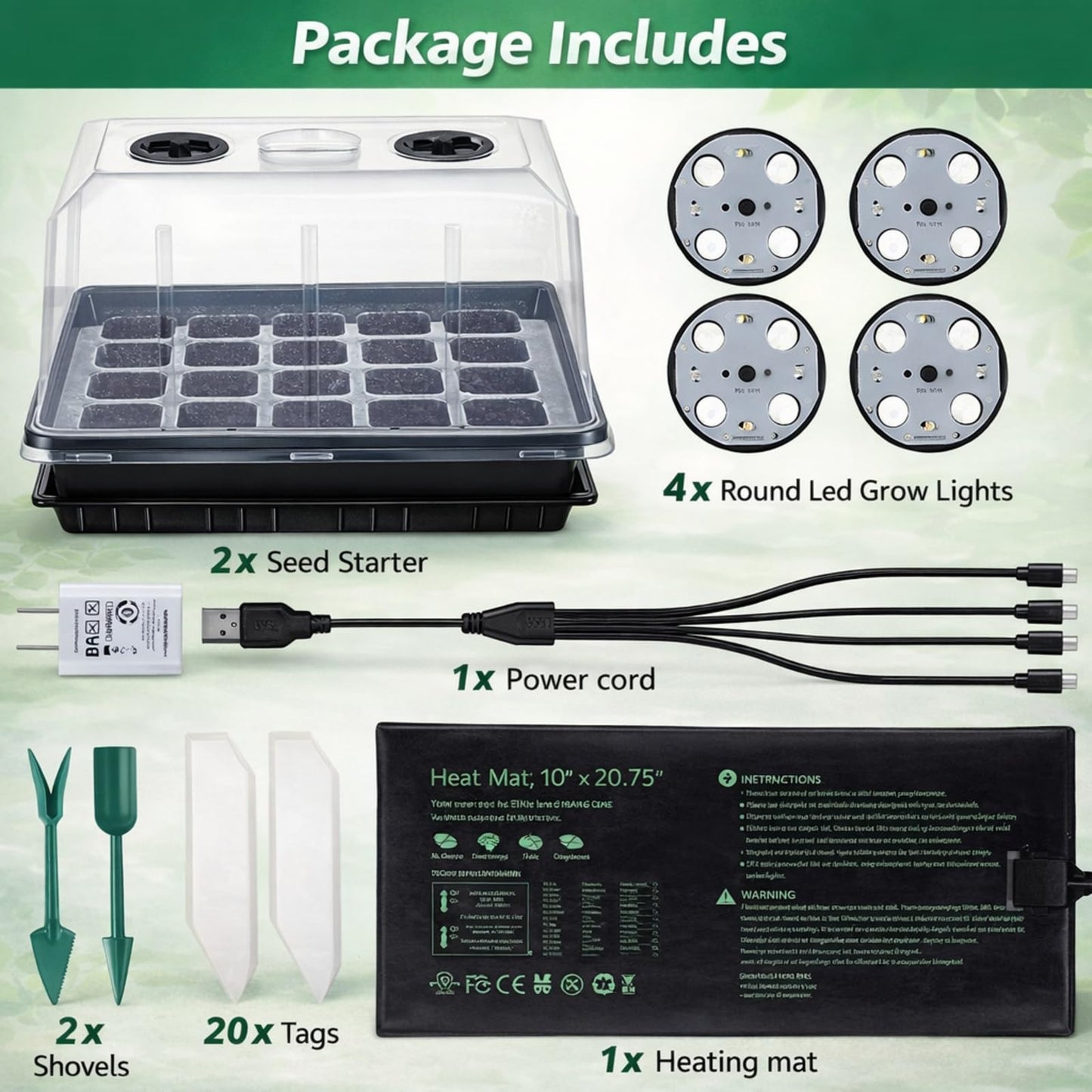 2 Sets 40 Cell Seed Starter Tray with Grow Lights and Heat Mat, Seed Starter Kit with 5.9” Humidity Dome and Vents, Indoor Plant Germination Trays, Seedling Startering Trays for Faster Germination