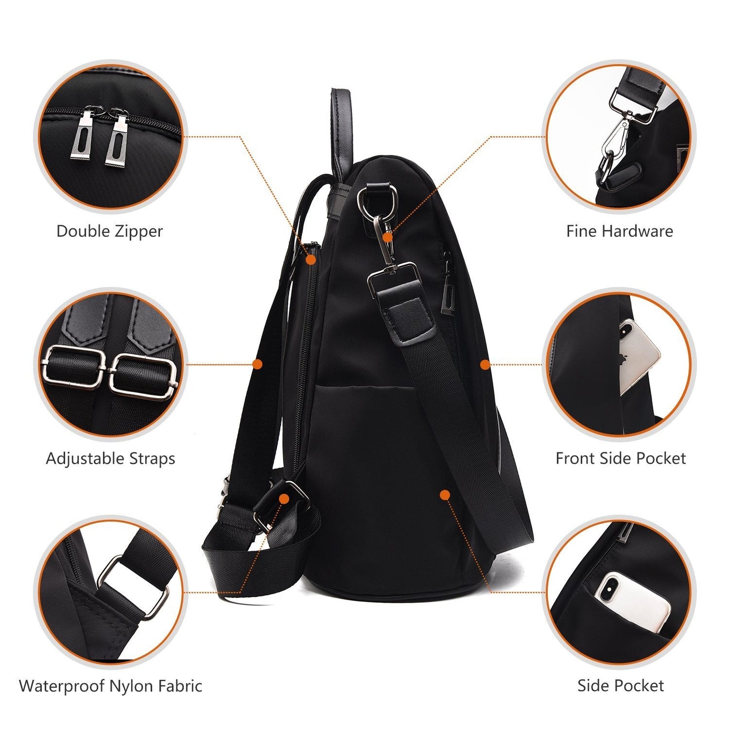 Charmore Women Backpack Ladies Rucksack Waterproof Nylon School bags Anti-theft Dayback Shoulder Bags, Black2, M