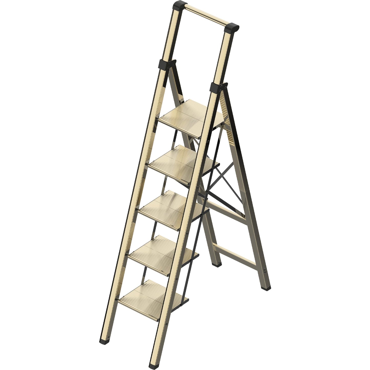 5 Step Ladder Adult Portable Folding Step Stool, Folding Aluminum Step Ladder with Double Padded Treads, Step Ladder with Handle for Home, Kitchen, Outdoor, 330 lb - Champagne Gold