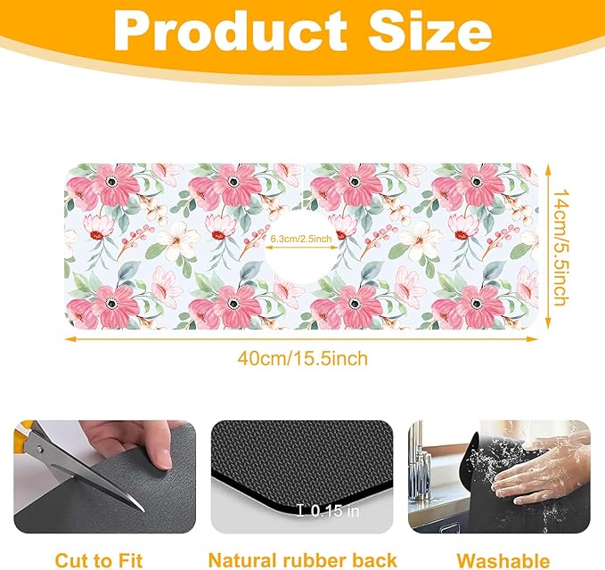 2 Pack Watercolor Floral Sink Faucet Absorbing Mat White Pink Flowers Super