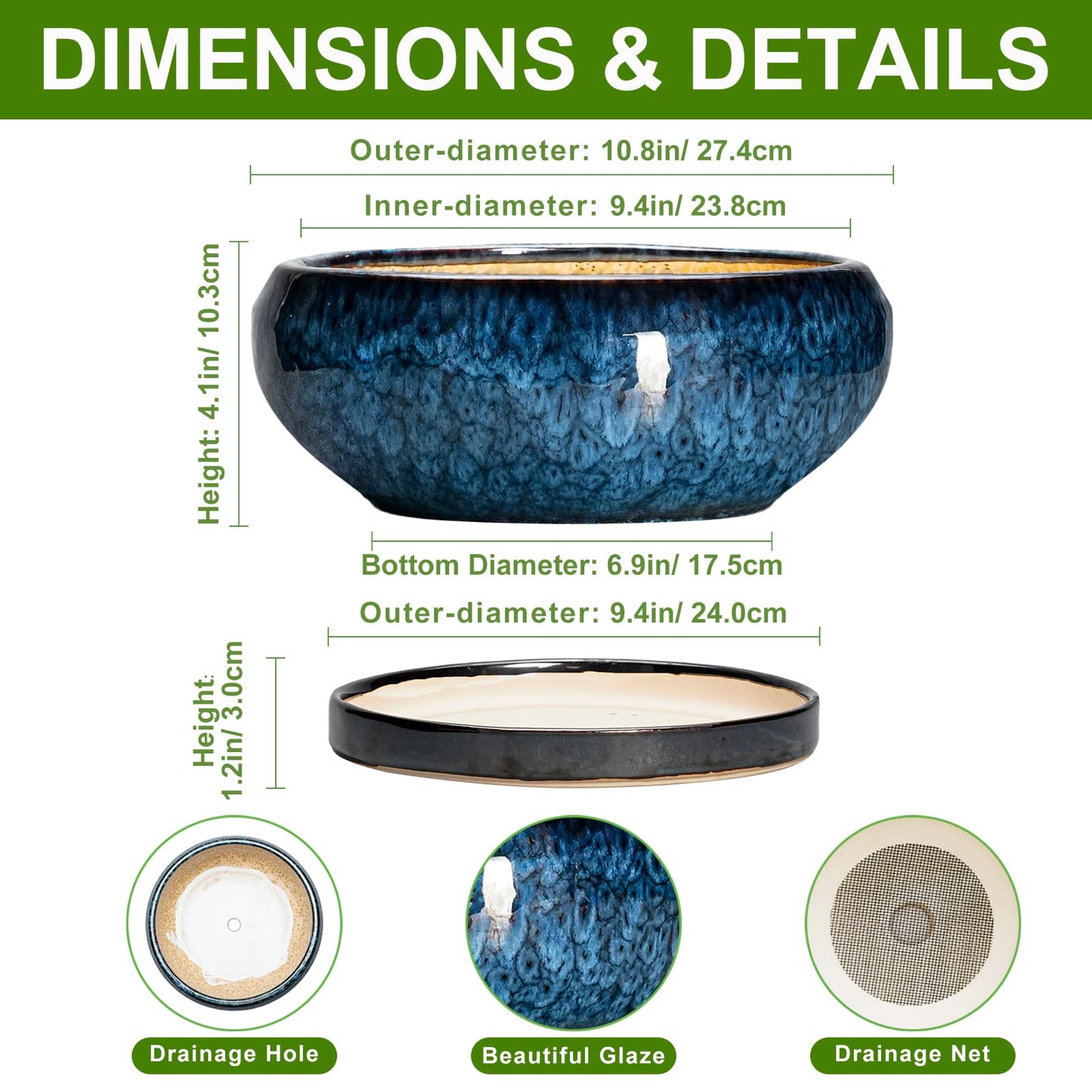 EPFamily Bonsai Tree Pots 10 Inch - Ceramic Succulent Pot with Drainage Hole and Saucer, Bonsai Pots for Indoor Outdoor, Round Succulent Planter, Shallow Planter, Desk Decor, Plant Lover Gifts, Blue