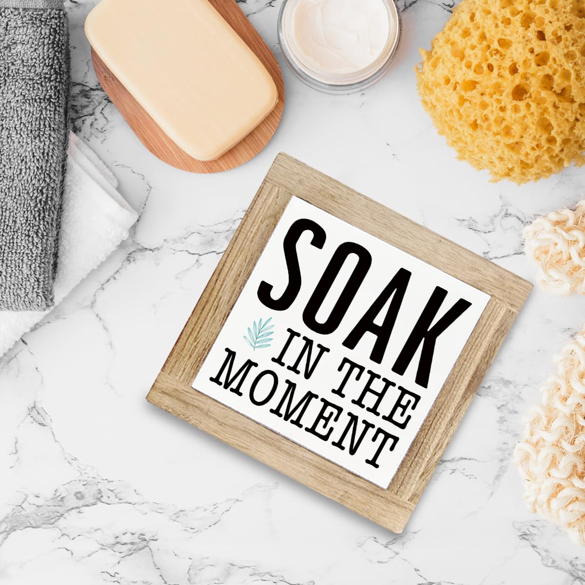 Bath Decoration, Soak in the Moment Sign, Relaxing Bathroom Decor, Decorative Wooden Block Plaque Sign, Farmhouse Home Decors, Desk Decor Art, Housewarming Gift, 5.9X5.9X0.7inches