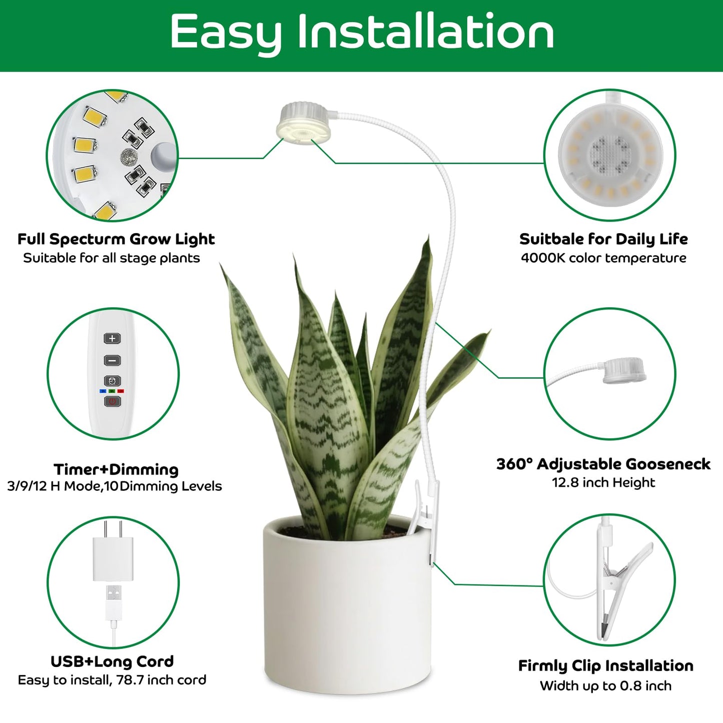 YKeluxon Grow Lights for Indoor Plants, Mini Plant Light, Full Spectrum Clip on Small Grow Lights for Indoor Growing, 10 Dimmable Auto On Off 3 9 12 Hrs Timer for Office Home