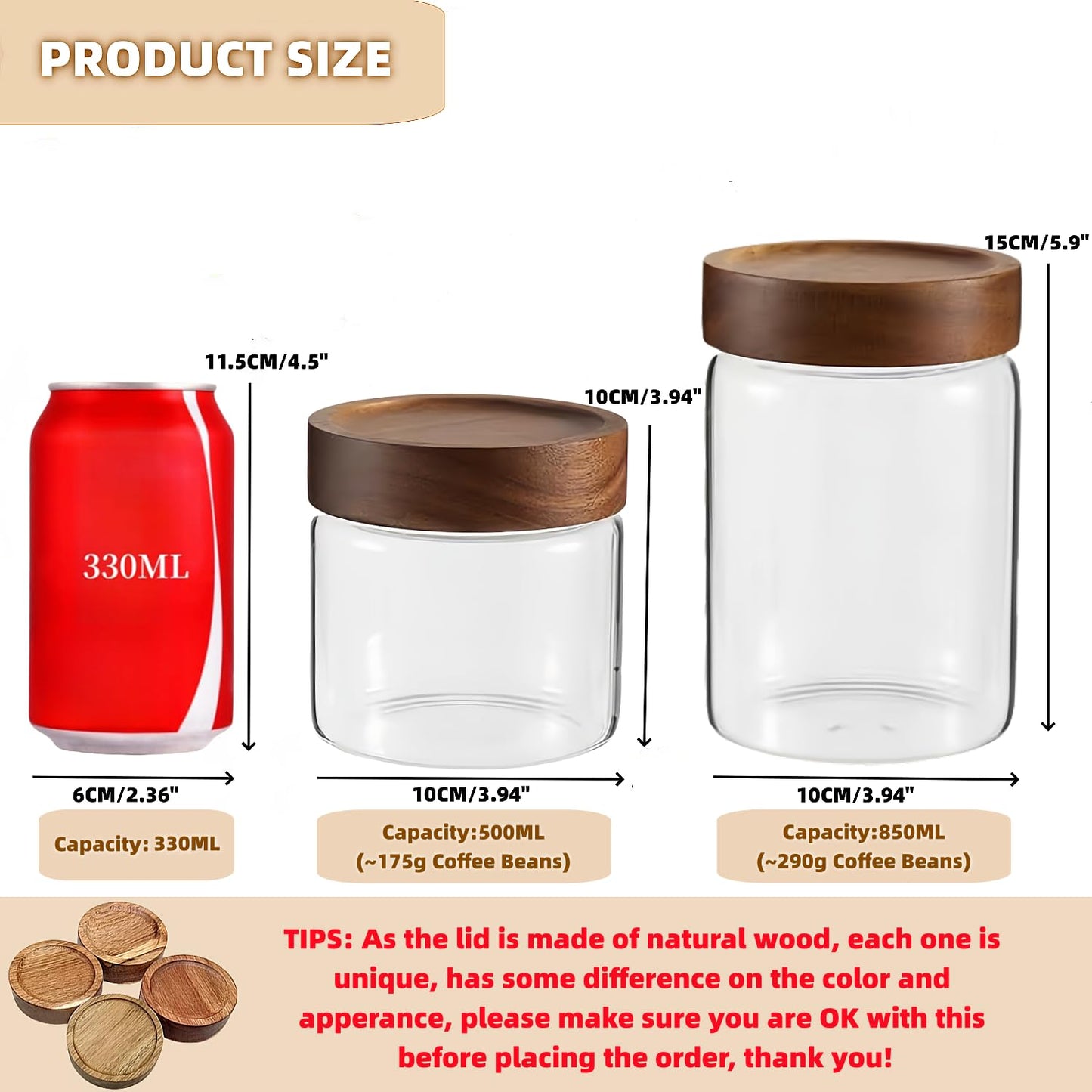 Brighomrom Set of 2 Glass Food Storage Jars, Premium Clear Glass Container Jar with Airtight Wooden Screw-on Lid, Kitchen Canisters for Coffee,Tea,Pasta,Cookies, Nuts,Spice,Candy,Overnight Oatmeal