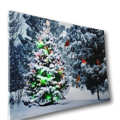 BANBERRY DESIGNS Lighted Holiday LED Wall Art - LED Cottage Along a Stream Christmas Scene with Cardinals and Snowman - Set of 2 - Old Fashioned Cobblestone Bridge - Measures 11.75" x15.75"