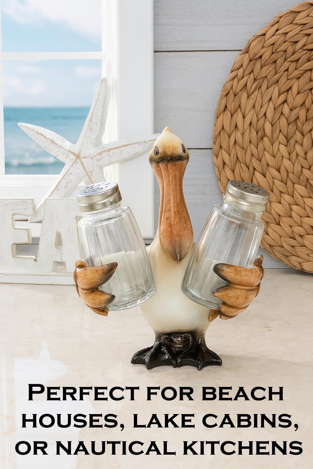 The Bridge Collection Pelican Salt And Pepper Shaker Holder With Glass Shakers - Coastal Bird Kitchen Decor - Nautical Dining Accent For Beach House Or Ocean Theme Table