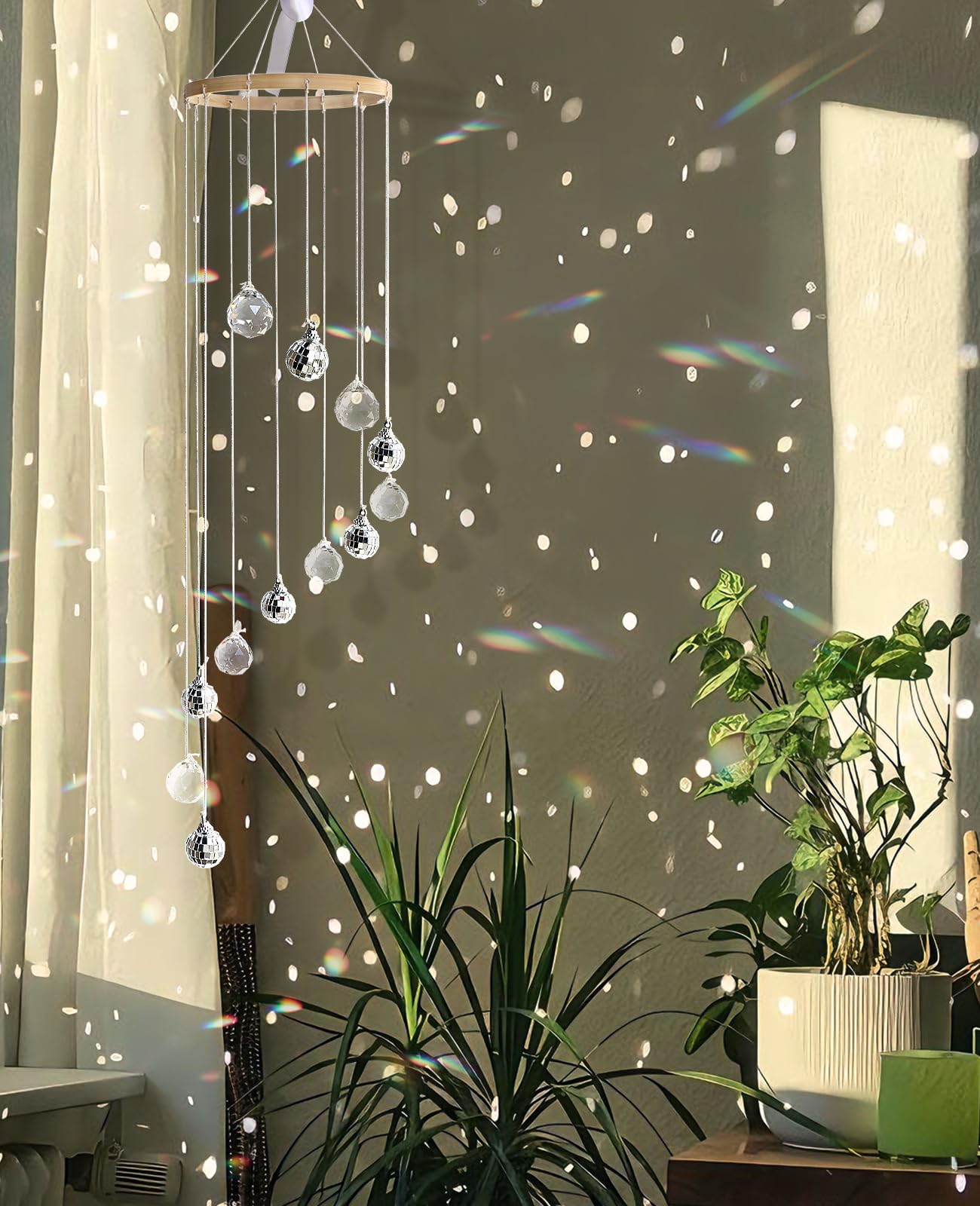 AceList Hanging Disco Ball Decor, Sun Catcher Crystals & Disco, 31.5 inch Handmade Spiral Sparkle Mirror Ball & Light Catcher for Window, and Boho Decor