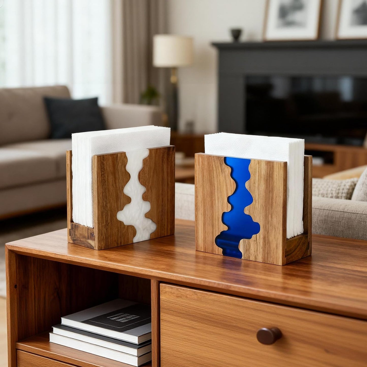 Acacia Wood Napkin Holder for table, Handmade Epoxy Resin Tissue Box Holder with Unique Wave Design & 3CM Sturdy Base for Kitchen Table, Dining Room Decor,counter tops or outdoors