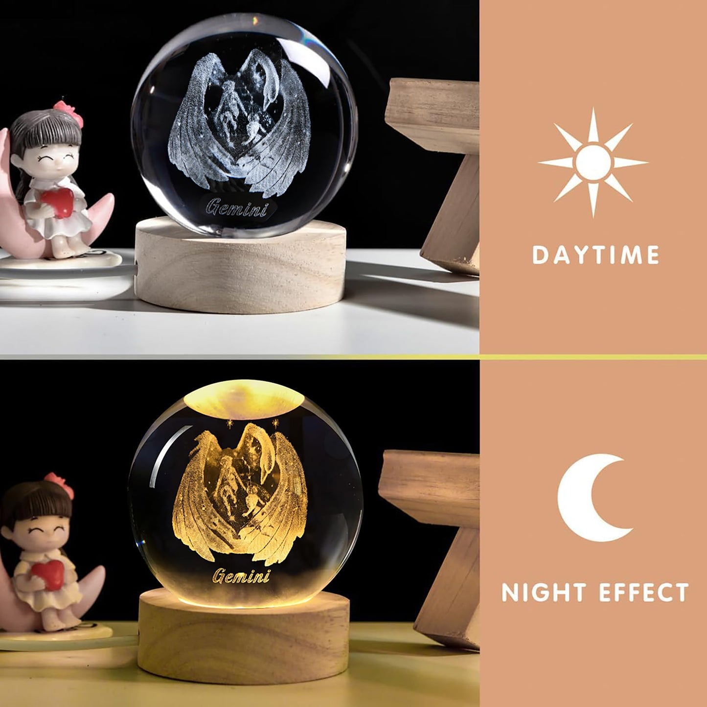 QIANCHANG 3D Laser Etched Gemini Crystal Ball with LED Light Stand, Constellation Decor Glass Sphere Lamp, Zodiac Astrology Birthday Gifts for Women Kids