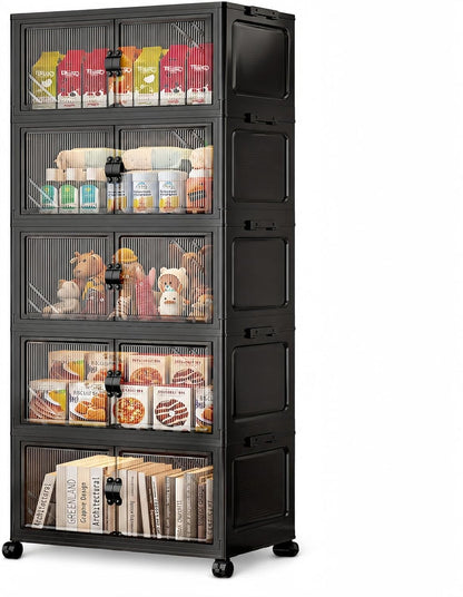 FoldTrend 5-Tier Foldable Storage Cabinet with Wheels & Lid, 242QT Large Stackable Organizer, No Tool Required, Storage Cabinet for Garage, Home Office, Pantry, Kitchen, Dorm