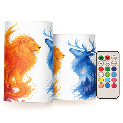 KGLDSNM Fire Lion Forest Deer LED Flameless Flickering Candle with Remote Timer Battery Operated for Indoor Outdoor Party Holiday Home Decor 2 Pack