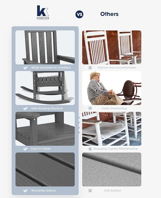 KINGYES Oversized Outdoor Rocking Chair Set of 8, All-Weather Patio Rocking Chairs for Porch, HDPE Outdoor Patio Rockers with High Back & Wide Seat for Garden, Lawn, Gray