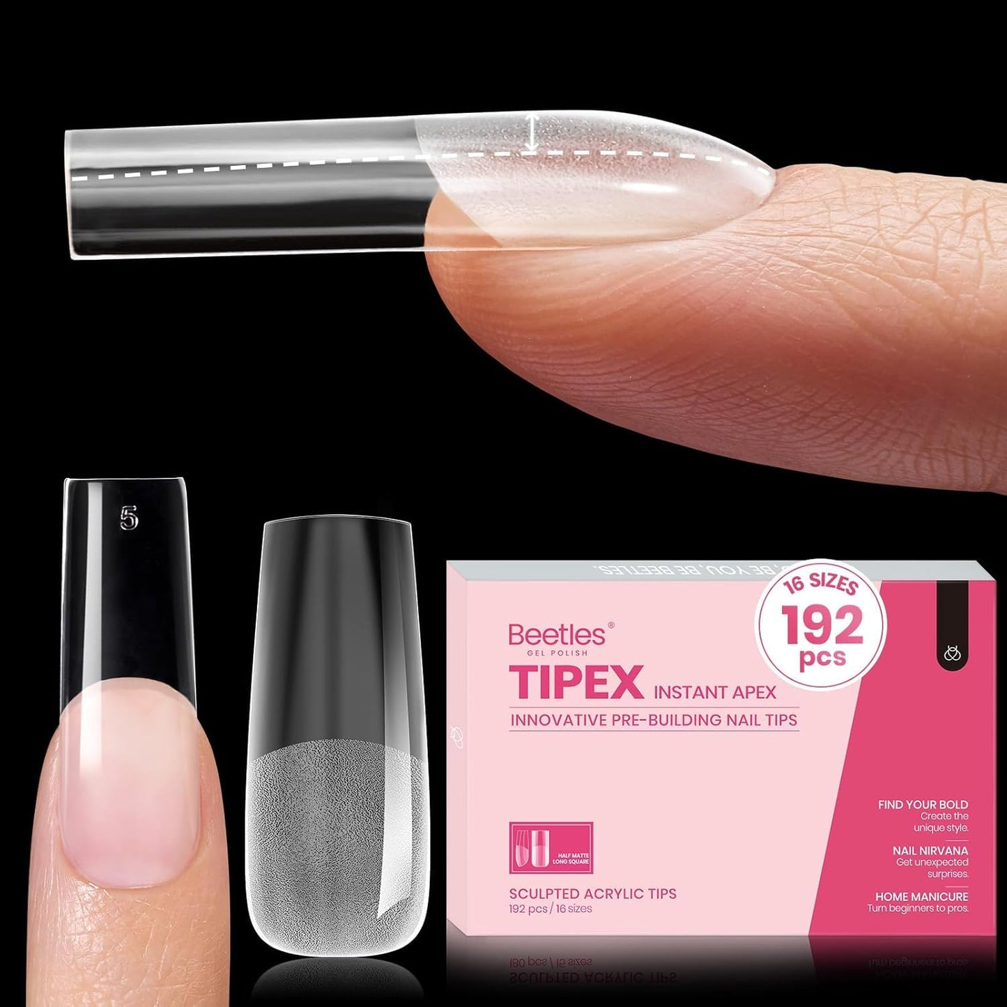 Beetles Tipex Gel Nail Kit, Medium Almond Nail Tips 224 Pcs 16 Sizes Pre-Building Pre-Etched Thick Acrylic Tips with Tipex Glue, Mini Lamp