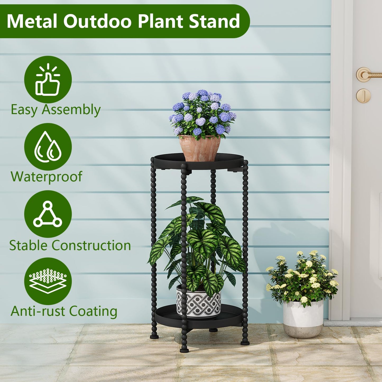 YINMIT Plant Stand Indoor Outdoor, 2 Tier Metal Plant Stand, Metal Spindle Poles Plant Stands Outdoor, Corner Flower Pot Stand, Plant Tables Indoor for Patio Garden Balcony Living Room Black