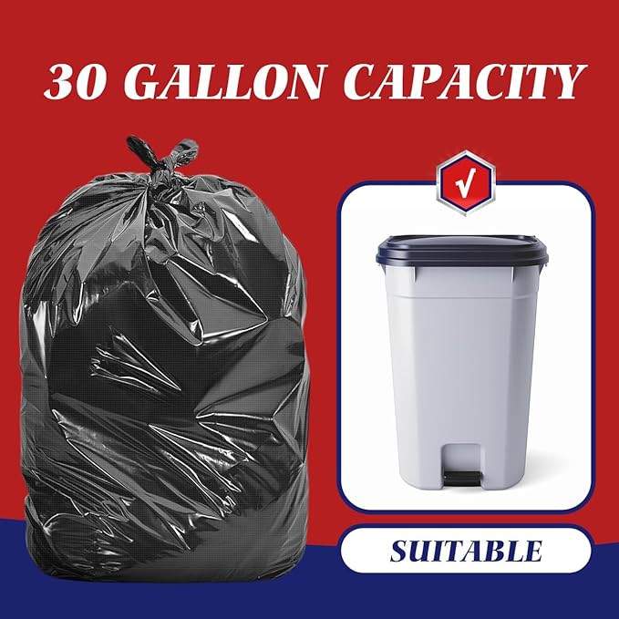 30-33 Gallon 100 Counts Large Trash Bags w/Ties Black Garbage Bags, Large Trash
