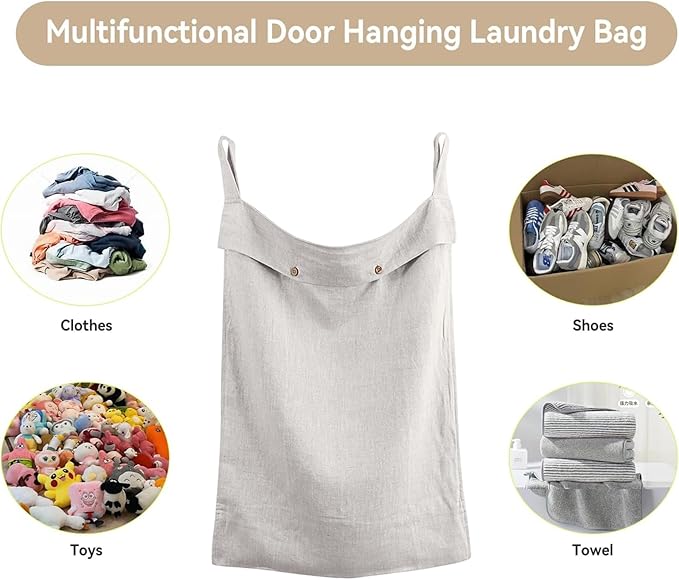 100% Linen Hanging Laundry Hamper Bag 20x27 Inch, Over the Door